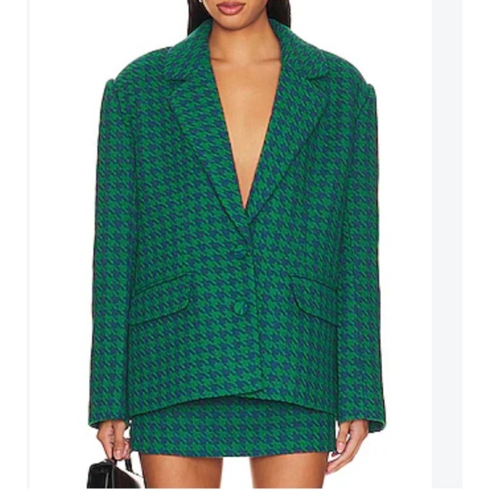 Lovers + Friends Blazer Small Green Houndstooth Rachel Hadley Luxury Oversized